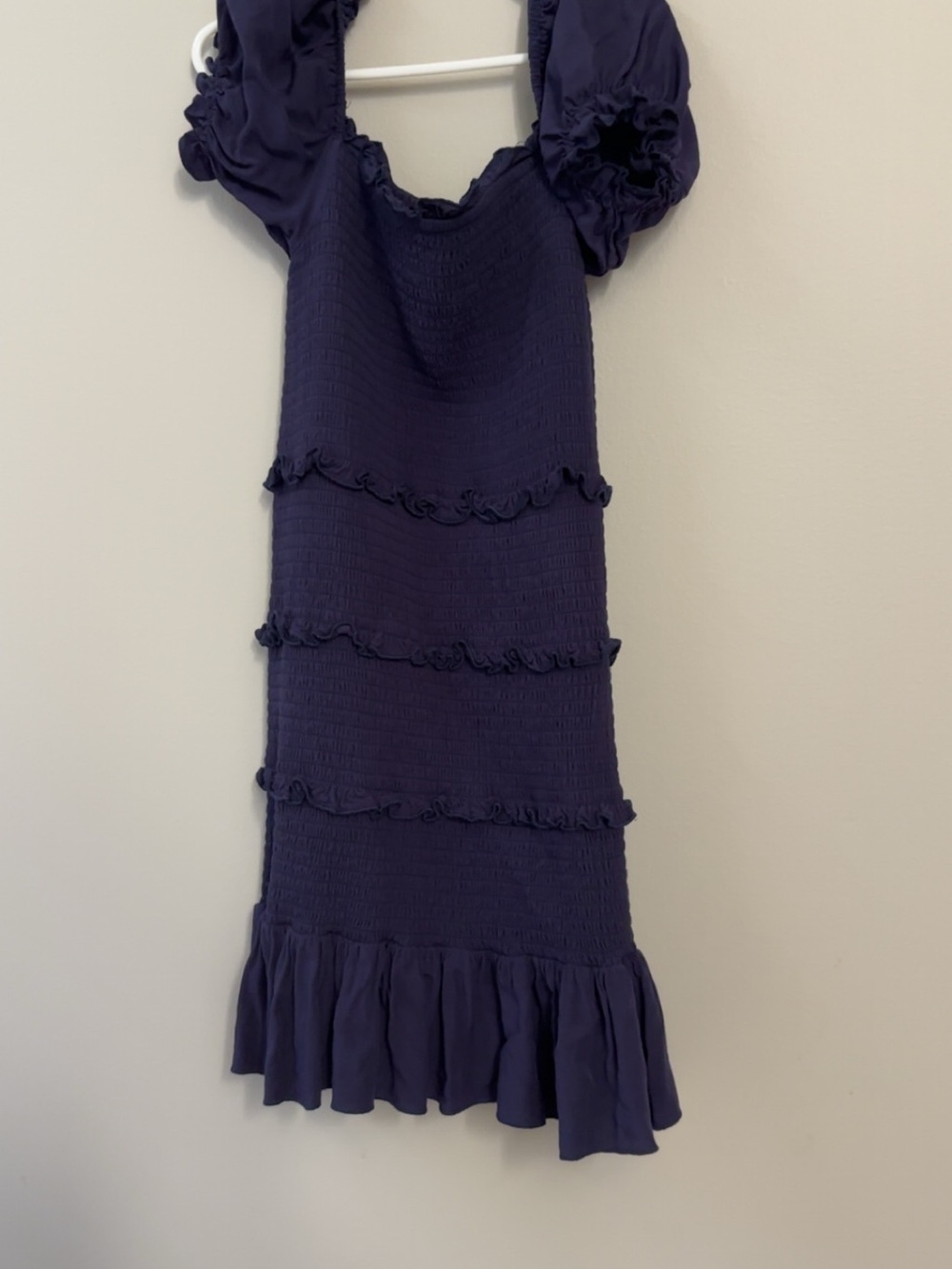 Katie J NYC Navy Puff-Sleeve Smocked Ruffle Dress